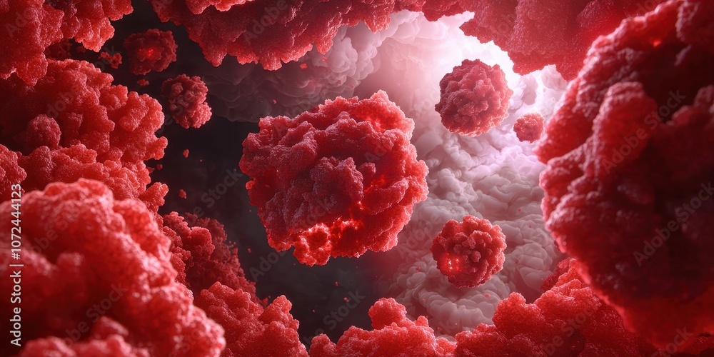 A captivating depiction of vibrant red cells against a dark backdrop, evoking a sense of microscopic exploration and biological complexity.