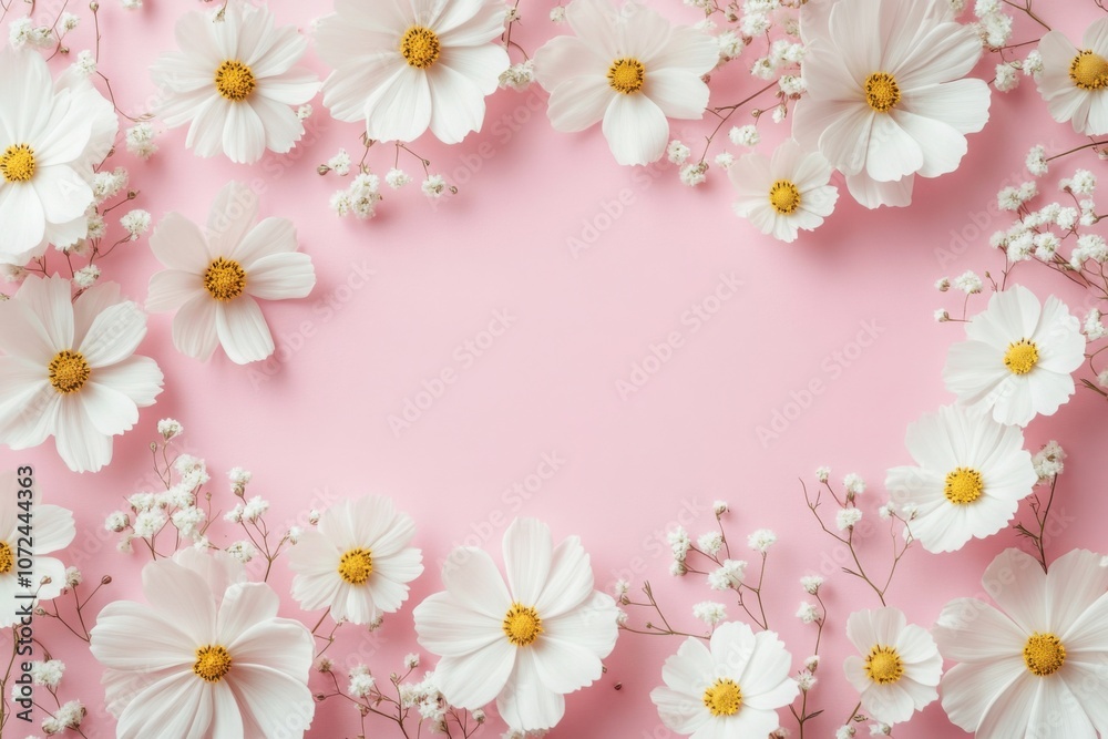 Minimal styled concept. White daisy chamomile flowers on pale pink background. Creative lifestyle, summer, spring concept. Copy space, flat lay, top view. Minimal styled concept. White daisy chamomile flowers on pale pink background. Creative lifestyle, summer, spring concept. Copy space, flat lay, top view.