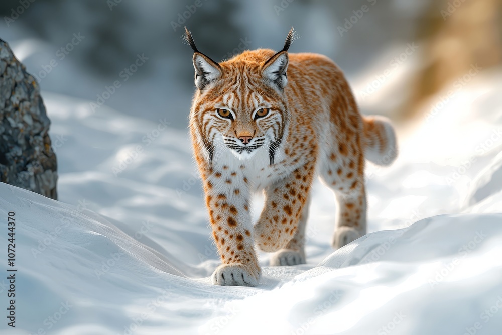 Fototapeta premium Majestic lynx strolling through pristine winter landscape capturing natural grace
