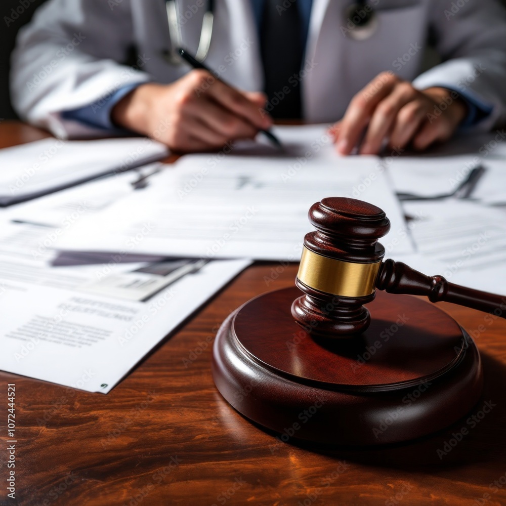 Closeup of judge gavel of stethoscope doctor in background writing notes Closeup of judge gavel of stethoscope doctor in background writing notes