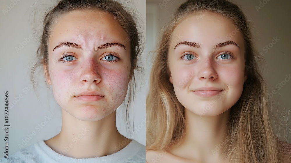 Young woman showing skin transformation after acne treatment Young woman showing skin transformation after acne treatment