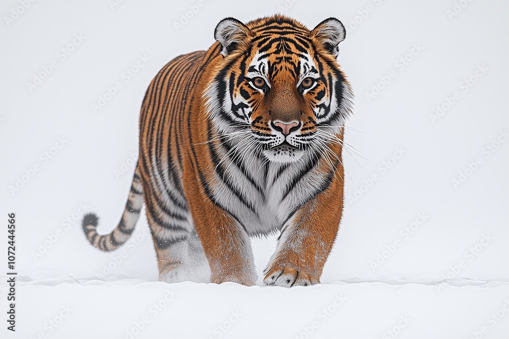 Obraz premium Majestic tiger walking through snowy wilderness with intense gaze