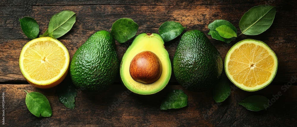 Fresh green avocados and lemons on a wooden table with leaves. Fresh green avocados and lemons on a wooden table with leaves.