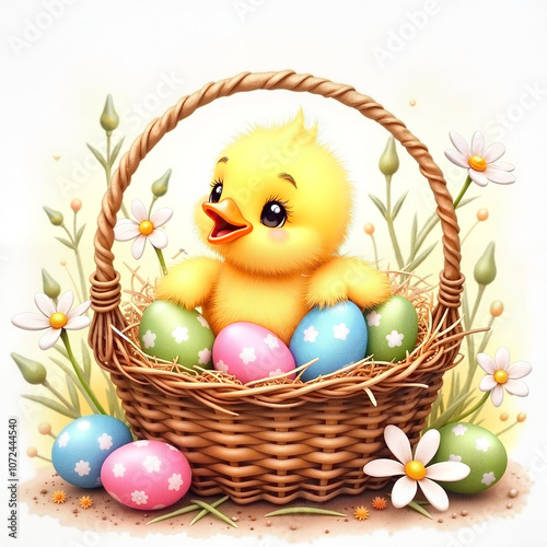 yellow chick in basket and colorful eggs in basket on grass, Al Generation