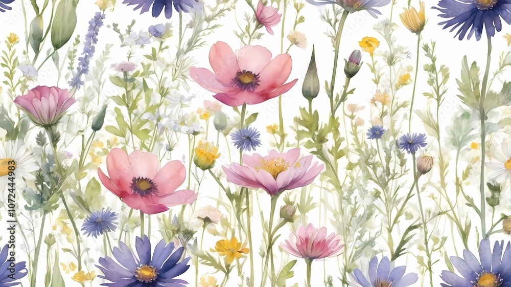 Obraz premium Watercolor botanical illustration of a variety of field wildflowers arranged in a seamless, repeating pattern. Mix of daisies, cornflowers, buttercups. Floral background.