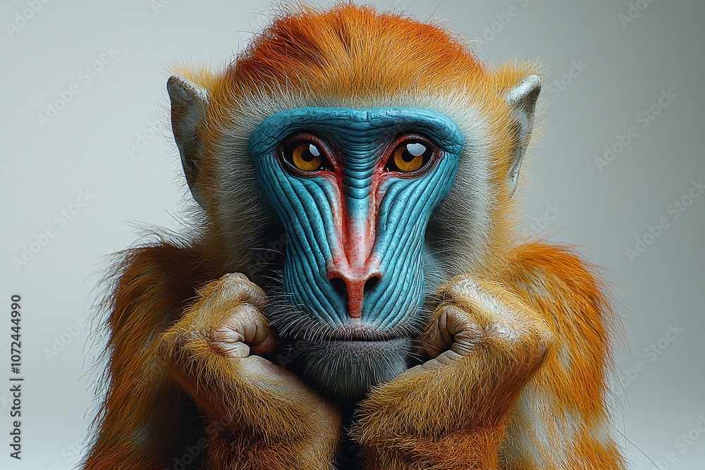 Close-up of colorful mandrill with intense gaze and blue face markings Close-up of colorful mandrill with intense gaze and blue face markings