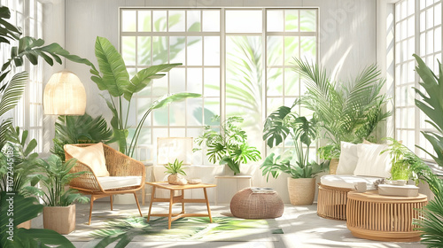 Minimalist Tropical Living Room with Soft Green Palette, Natural Wooden Furniture, and Rattan Elements for a Fresh, Sunlit Nature-Inspired Haven