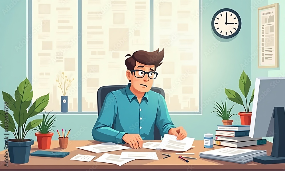 Stressed Office Worker Managing Paperwork at Desk Stressed Office Worker Managing Paperwork at Desk