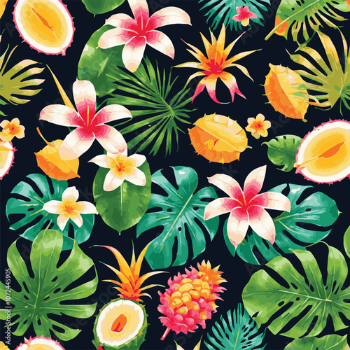 Seamless pattern with tropical fruits, palm leaves and flowers. Vector illustration. Seamless tropical pattern with pineapples, palm leaves and flowers. Vector illustration.	