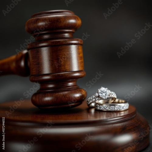 Divorce process. Gavel and wedding rings on wooden table, closeup. Space for text photo