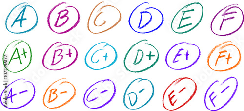 School Grades Plus Minus from A to F  Crayon Chalk Drawing Vector Set