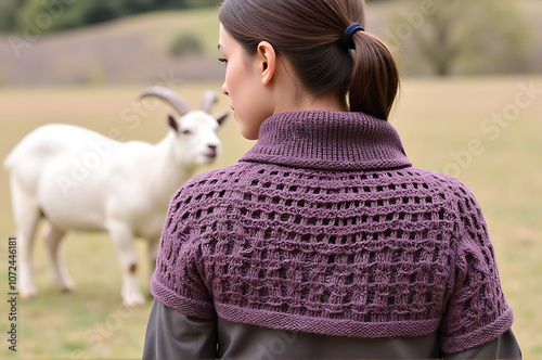 A woman in a purple sweater stands in a field with a goat photo