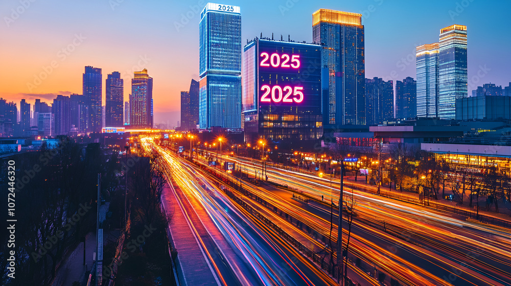 Fototapeta premium Modern cityscape at twilight with 2025 displayed on a prominent building in glowing lights