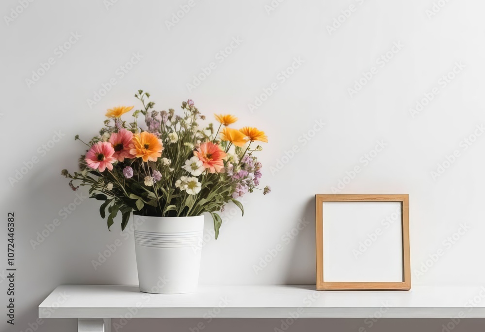 A mockup of a wall with a pot of flowers on a white surface A mockup of a wall with a pot of flowers on a white surface