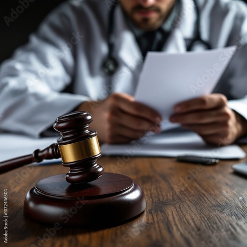 Closeup of judge gavel of stethoscope doctor in background writing notes