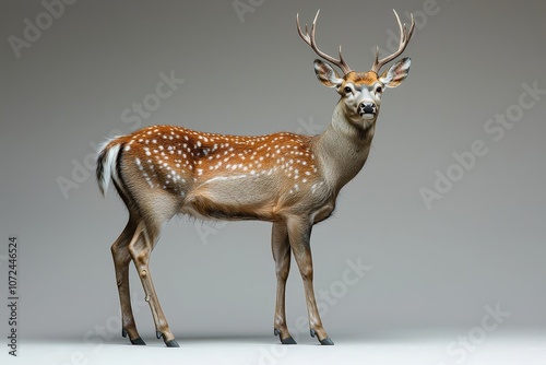 Majestic spotted deer with antlers standing gracefully on a neutral background photo