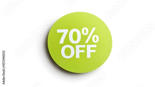 White '70% OFF' Text on a Light Green Round Paper Note. White Background with Copy Space