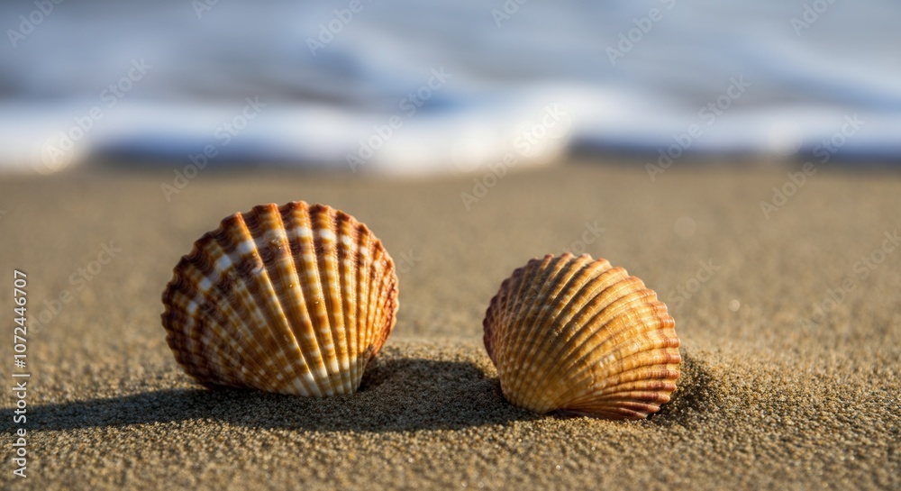 Tranquil beach scene with seashells on sandy shore Tranquil beach scene with seashells on sandy shore