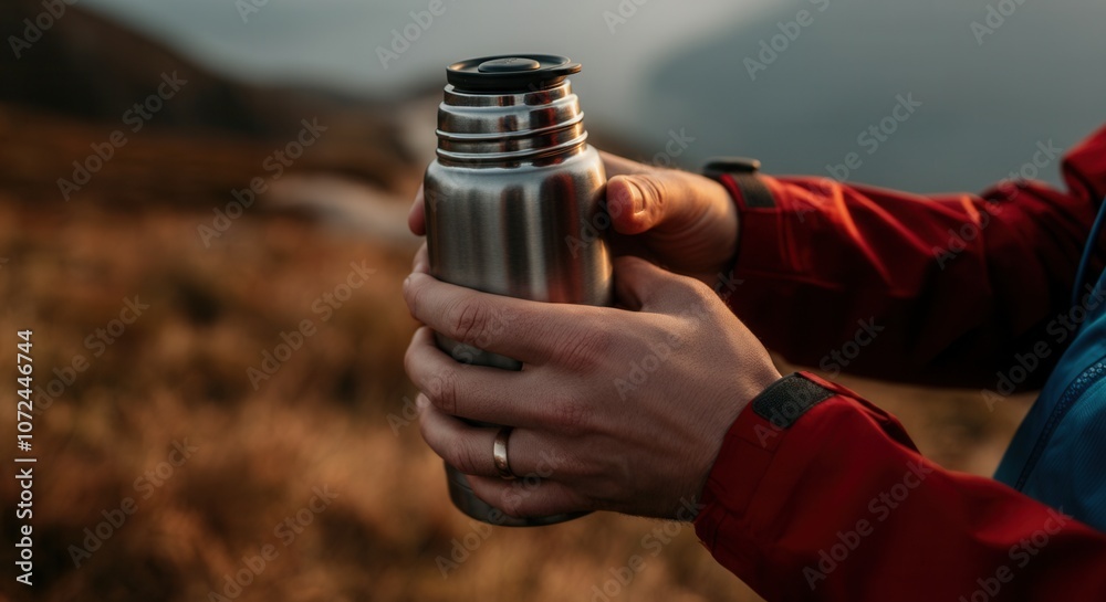 Man holding stainless steel thermos on mountain hike at sunset