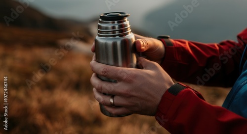 Obraz na płótnie Man holding stainless steel thermos on mountain hike at sunset w salonie