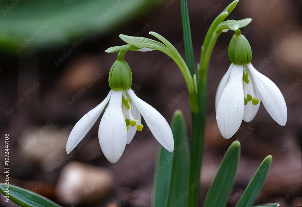 A close-up photo of a white snowdrop flower with copy space on the side. A close-up photo of a white snowdrop flower with copy space on the side.
