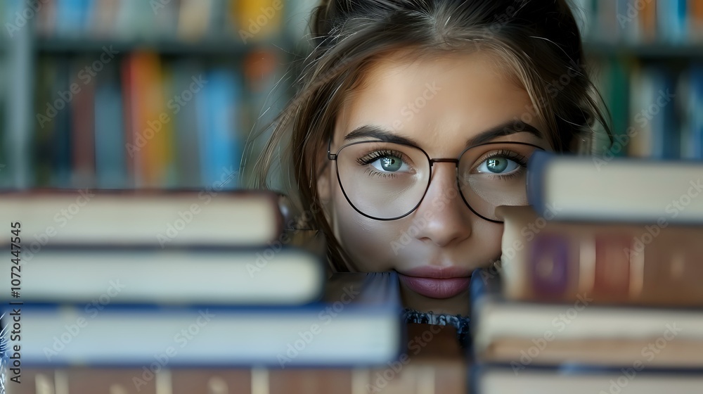 Young female student with glasses peeking through books in library, capturing curious expression and academic atmosphere for education and learning concepts. Young female student with glasses peeking through books in library, capturing curious expression and academic atmosphere for education and learning concepts.