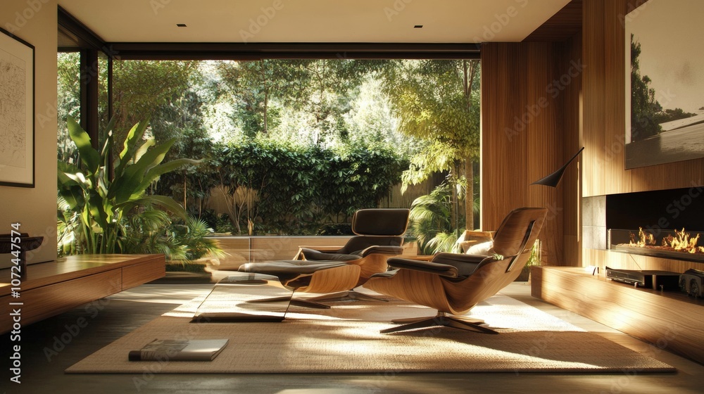 Fototapeta premium Stylish living room with modern furniture and lush greenery view through large windows.