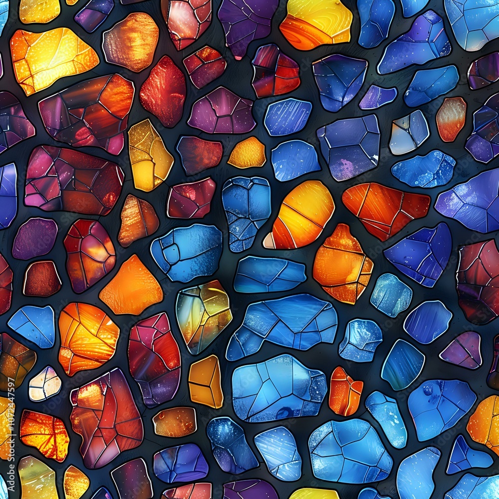Vibrant stained glass mosaic pattern with colorful fragments in blue, orange, yellow and red creating an abstract kaleidoscopic effect, perfect for decorative backgrounds and artistic designs. Vibrant stained glass mosaic pattern with colorful fragments in blue, orange, yellow and red creating an abstract kaleidoscopic effect, perfect for decorative backgrounds and artistic designs.