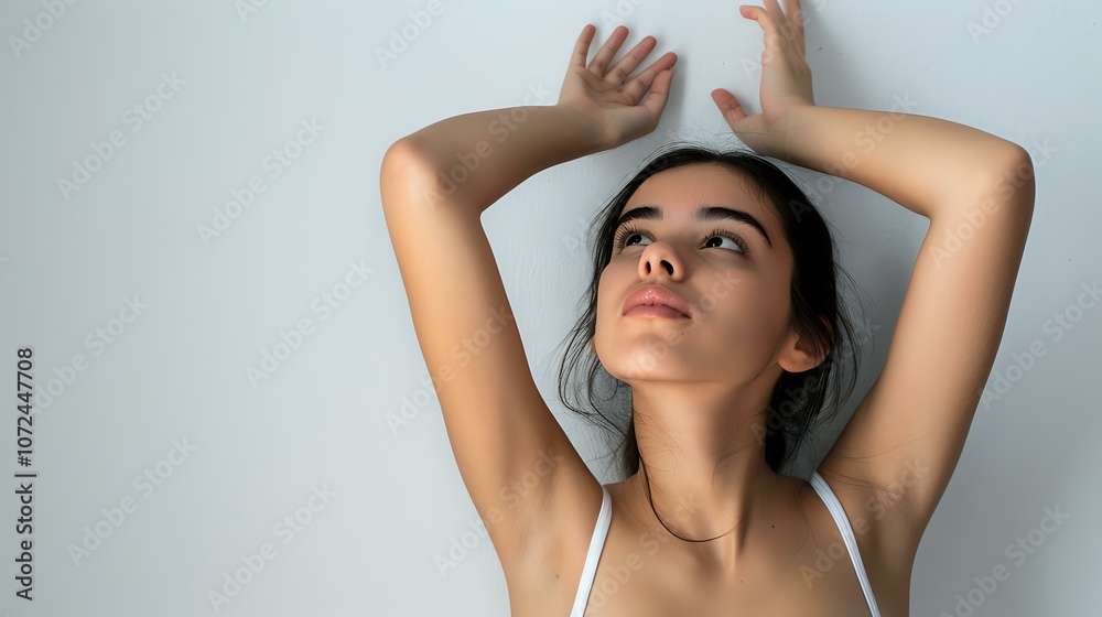 Young Asian woman with arms raised above head in contemplative pose against light wall, wearing white top. Natural beauty and wellness concept for spa and skincare. Young Asian woman with arms raised above head in contemplative pose against light wall, wearing white top. Natural beauty and wellness concept for spa and skincare.
