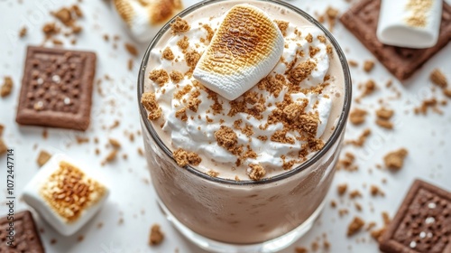 Creamy s\'mores milkshake topped with toasted marshmallows and crumbs on a white surface