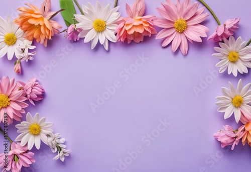 A variety of colorful spring flowers on a white paper background