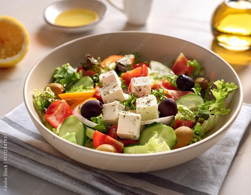 A Fresh Summer Salad Featuring Mediterranean Vegetables, Feta Cheese, and Olives, Served with a Light Lemon Dressing, Photographed in a Bright, Airy Kitchen Setup A Fresh Summer Salad Featuring Mediterranean Vegetables, Feta Cheese, and Olives, Served with a Light Lemon Dressing, Photographed in a Bright, Airy Kitchen Setup