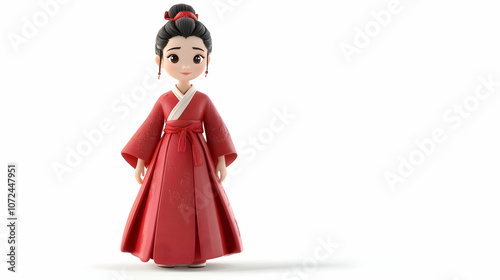 A cute cartoon girl in a red dress with a white trim and a red sash, standing on a white background.