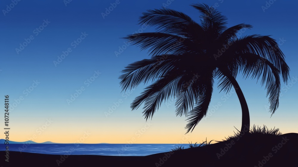 Obraz premium Silhouette of a palm tree on a beach at sunset.