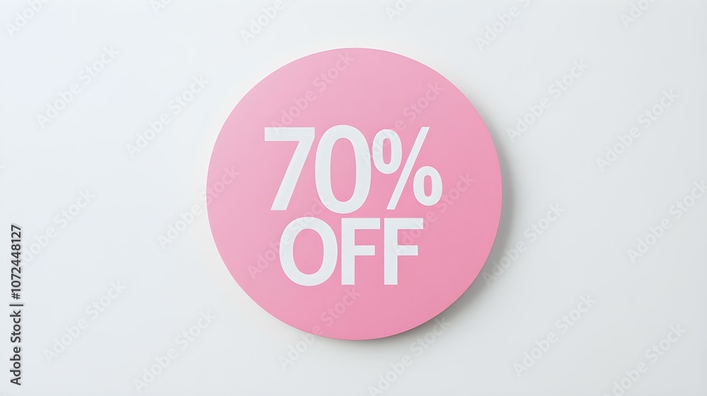 White '70% OFF' Text on a Light Pink Round Paper Note. White Background with Copy Space White '70% OFF' Text on a Light Pink Round Paper Note. White Background with Copy Space