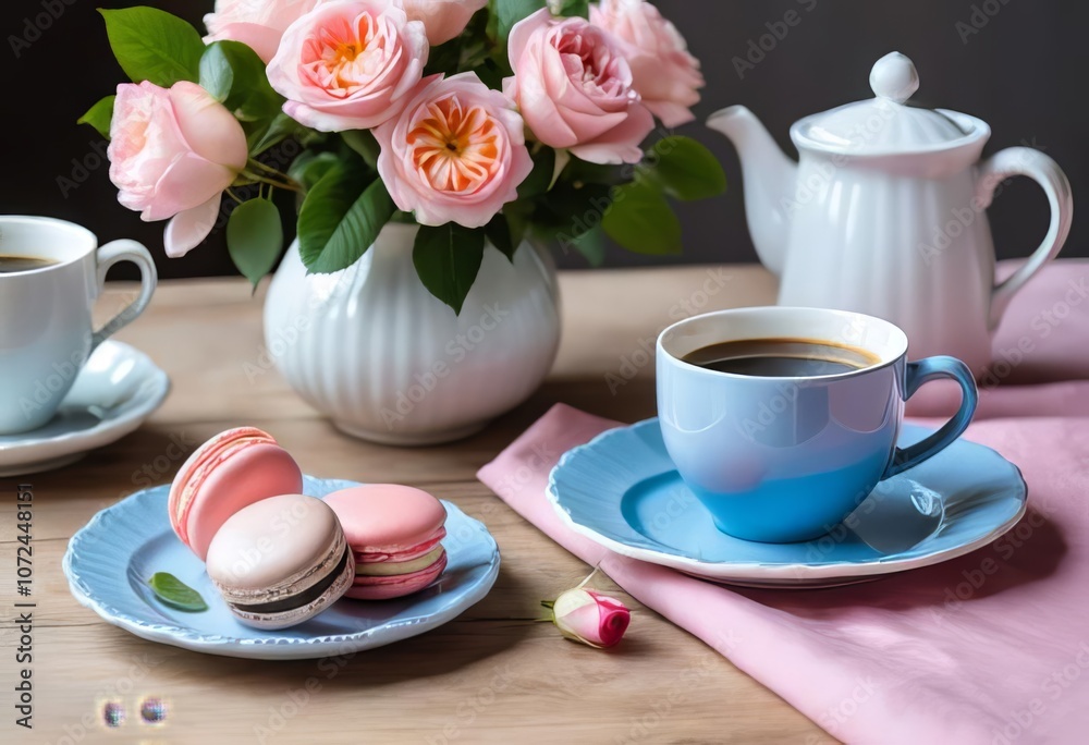 A plate of blue macarons, a cup of coffee, and a vase of flowers on a wooden table with a pink tablecloth A plate of blue macarons, a cup of coffee, and a vase of flowers on a wooden table with a pink tablecloth