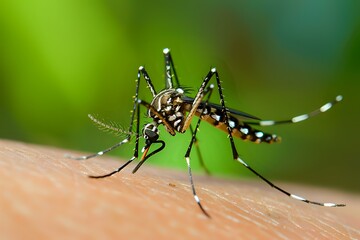 Macro photography of Asian tiger mosquito feeding on human skin, detailed view showing distinctive black and white striped pattern on dangerous disease carrier insect.