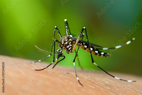 Macro photography of Asian tiger mosquito feeding on human skin, detailed view showing distinctive black and white striped pattern on dangerous disease carrier insect.