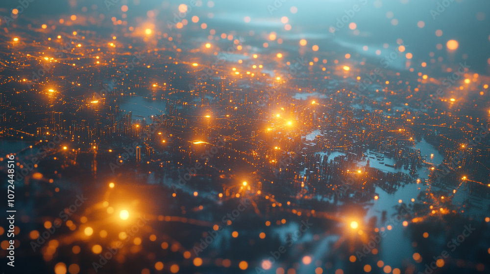 Fototapeta premium Futuristic Cityscape with Glowing Lights and Networks