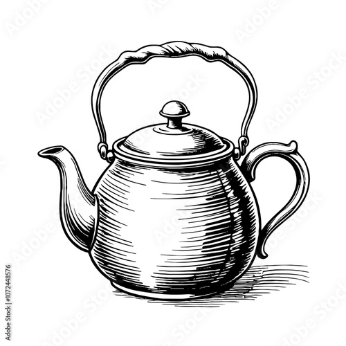 Vintage tea caddy illustration in black and white ink style
