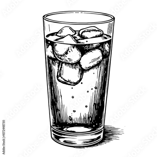 Iced tea glass black and white ink illustration refreshment