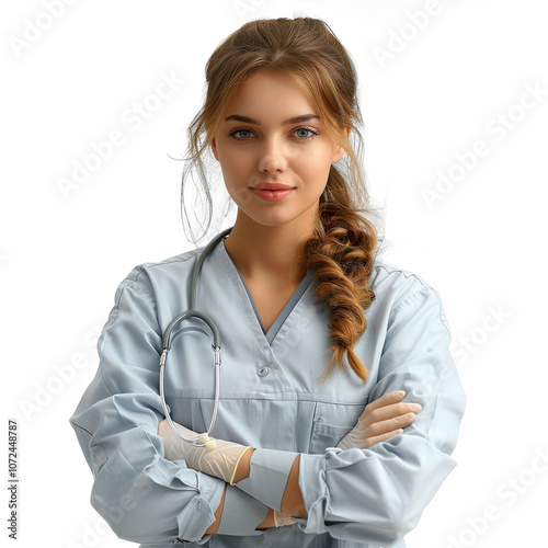 Portrait of a doctor in white uniform Medical protective clothes with mask with stethoscope stethoscope on neutral grey background isolated. Female beautiful young intern woman with long hair