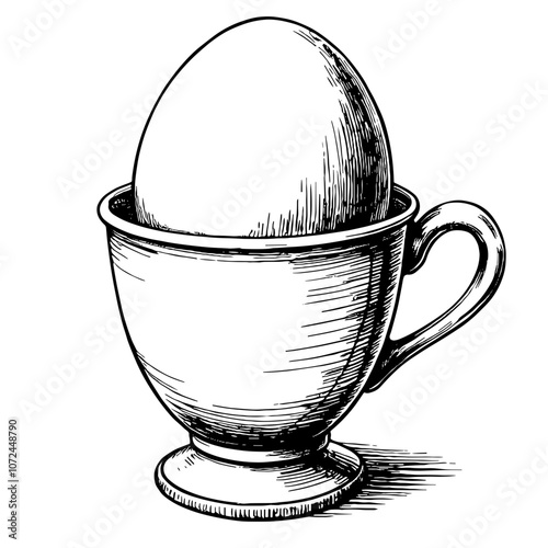 Vintage-style black and white ink illustration of egg cup