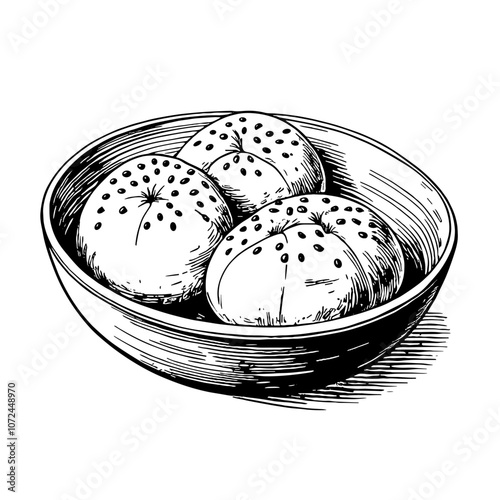 Sesame buns black and white ink illustration bakery art