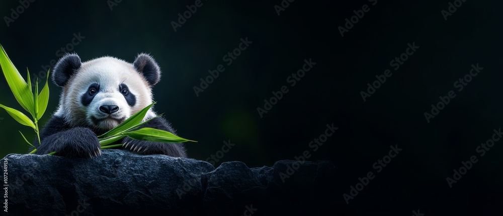 A panda bear sitting on top of a rock eating bamboo A panda bear sitting on top of a rock eating bamboo