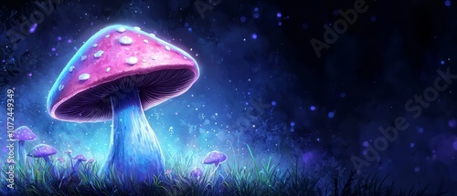 A purple mushroom in the middle of a grassy field