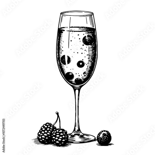 Black and white ink illustration of berry fizz drink
