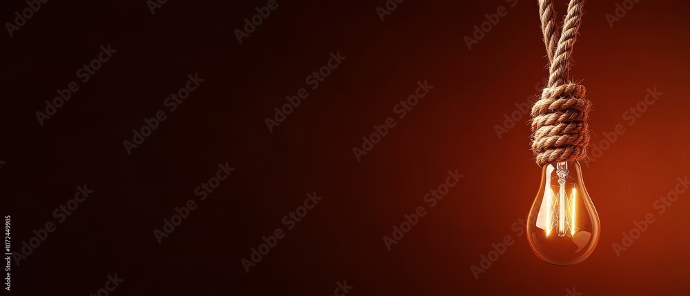 A light bulb hanging from a rope on a dark background A light bulb hanging from a rope on a dark background