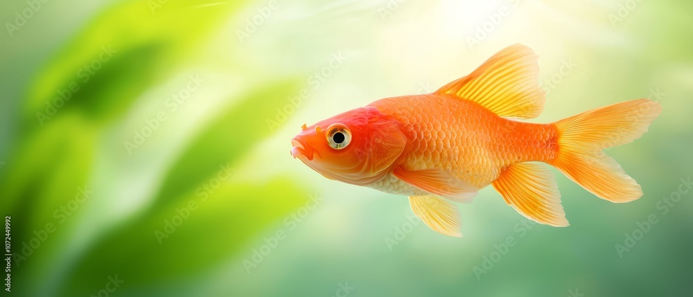 A goldfish swimming in an aquarium with green plants A goldfish swimming in an aquarium with green plants