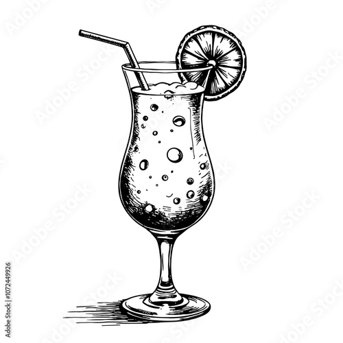 Black and white ink illustration of tropical pina colada cocktail